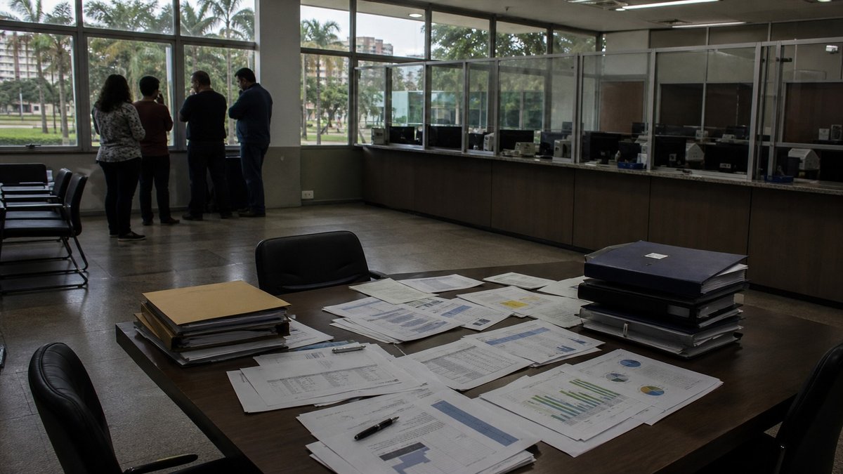 Mesa com documentos financeiros em prédio administrativo universitário, com pessoas ao fundo discutindo orçamento.