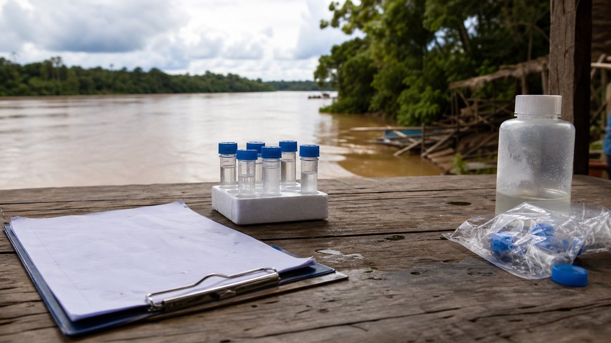 Mesa de investigação sanitária às margens de rio amazônico com frascos de amostra e prancheta