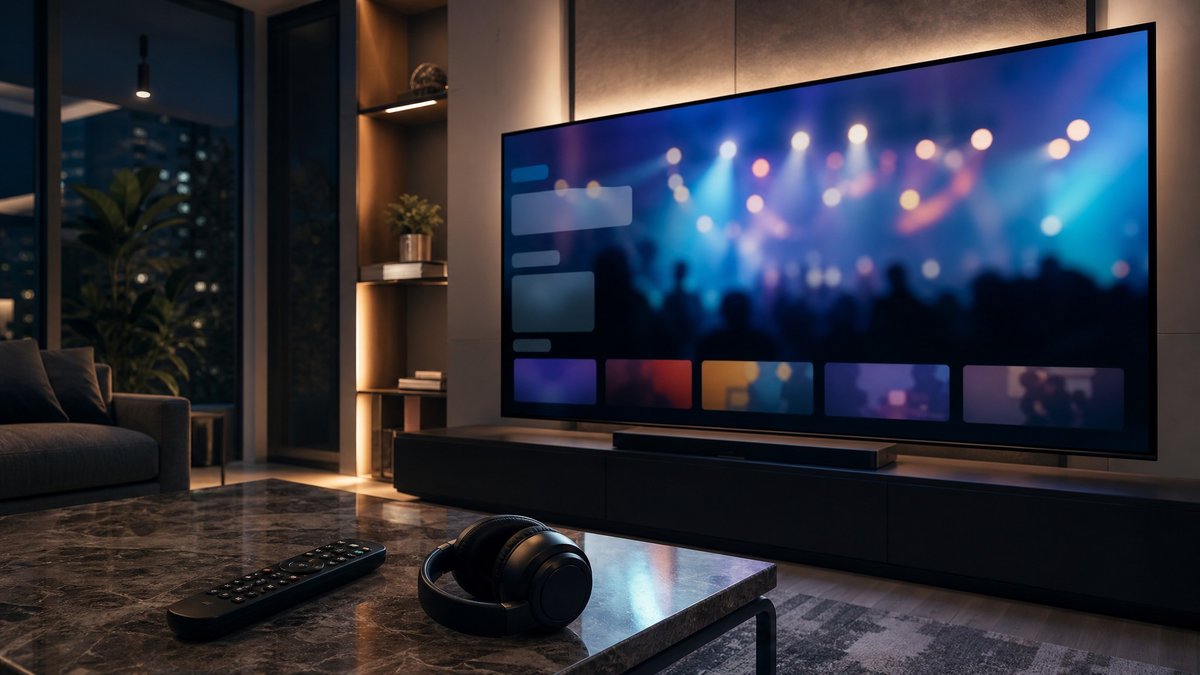 Sala moderna com televisão e clima de lançamento de streaming e música