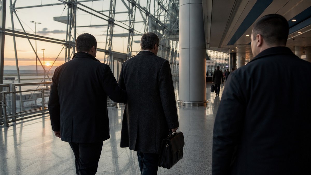 Homem com pasta sendo escoltado em terminal de aeroporto ao amanhecer