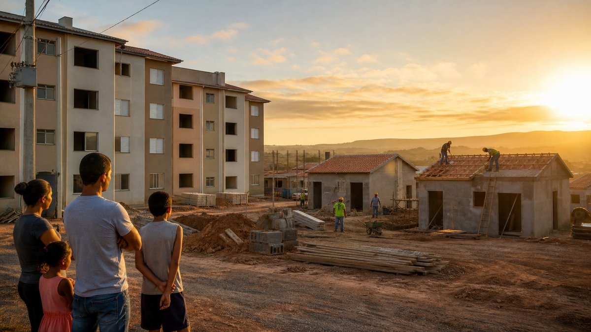 Conjunto de moradias populares em construção com famílias observando a obra