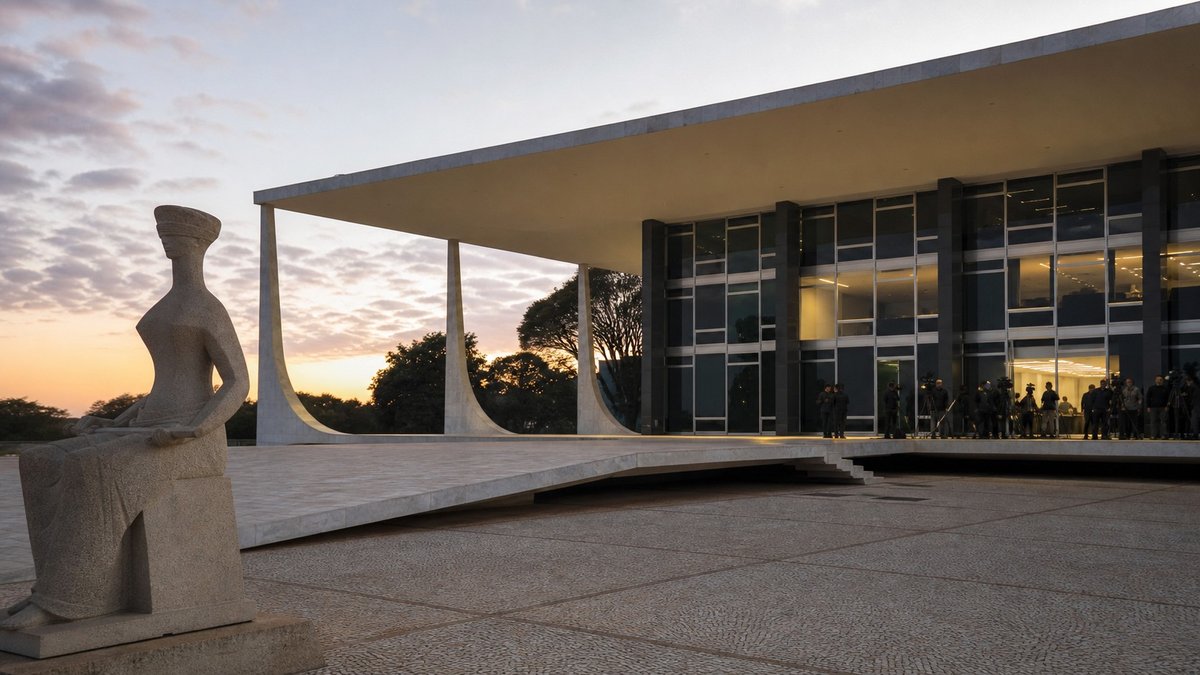 Fachada do Supremo Tribunal Federal em Brasília sob luz de amanhecer.