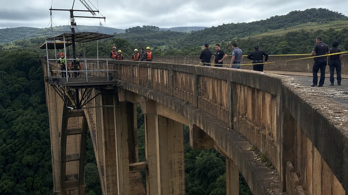 Ponte alta sobre área verde com equipes de resgate e investigação após acidente em atividade de aventura