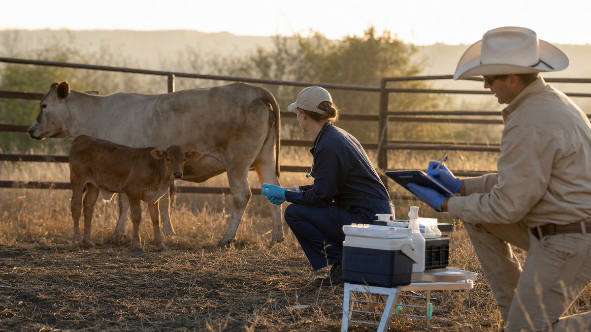 Veterinarios inspecionam bezerro em rancho seco do Texas durante resposta sanitaria a praga em rebanhos.