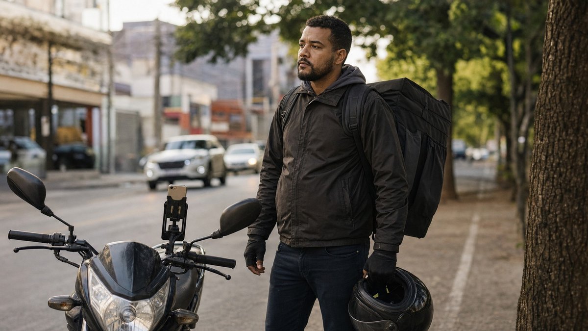 Entregador de aplicativo ao lado de motocicleta em rua urbana brasileira