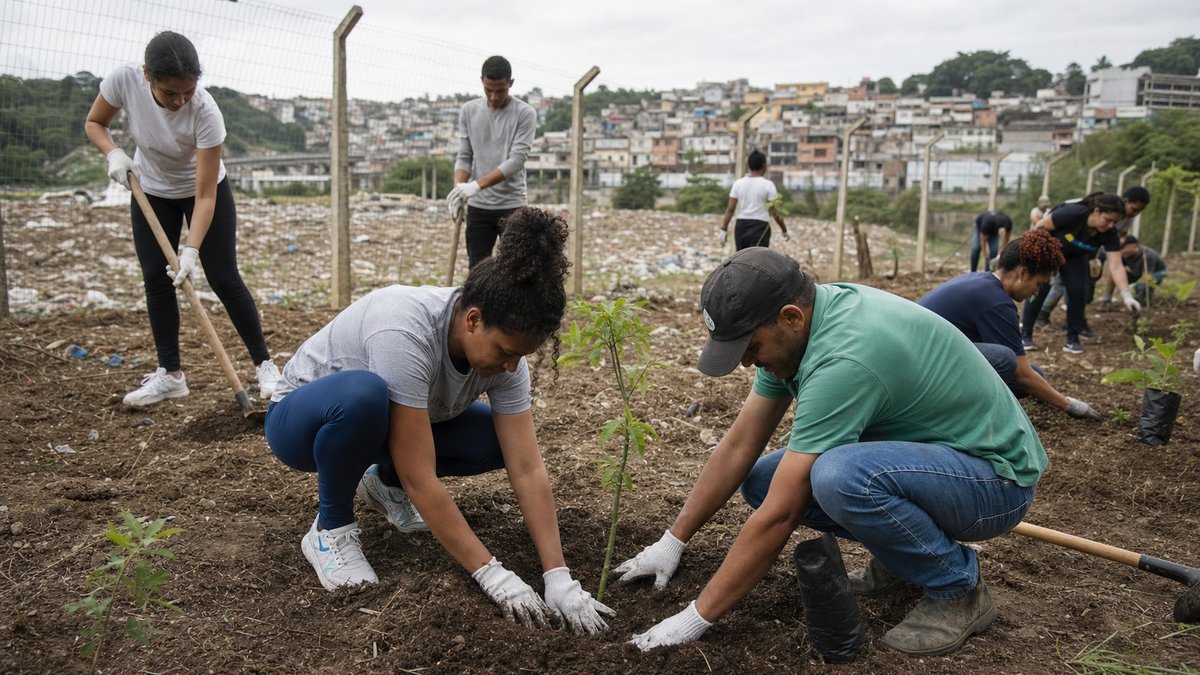 Voluntários plantando mudas de árvores em área urbana degradada durante ação ambiental comunitária.