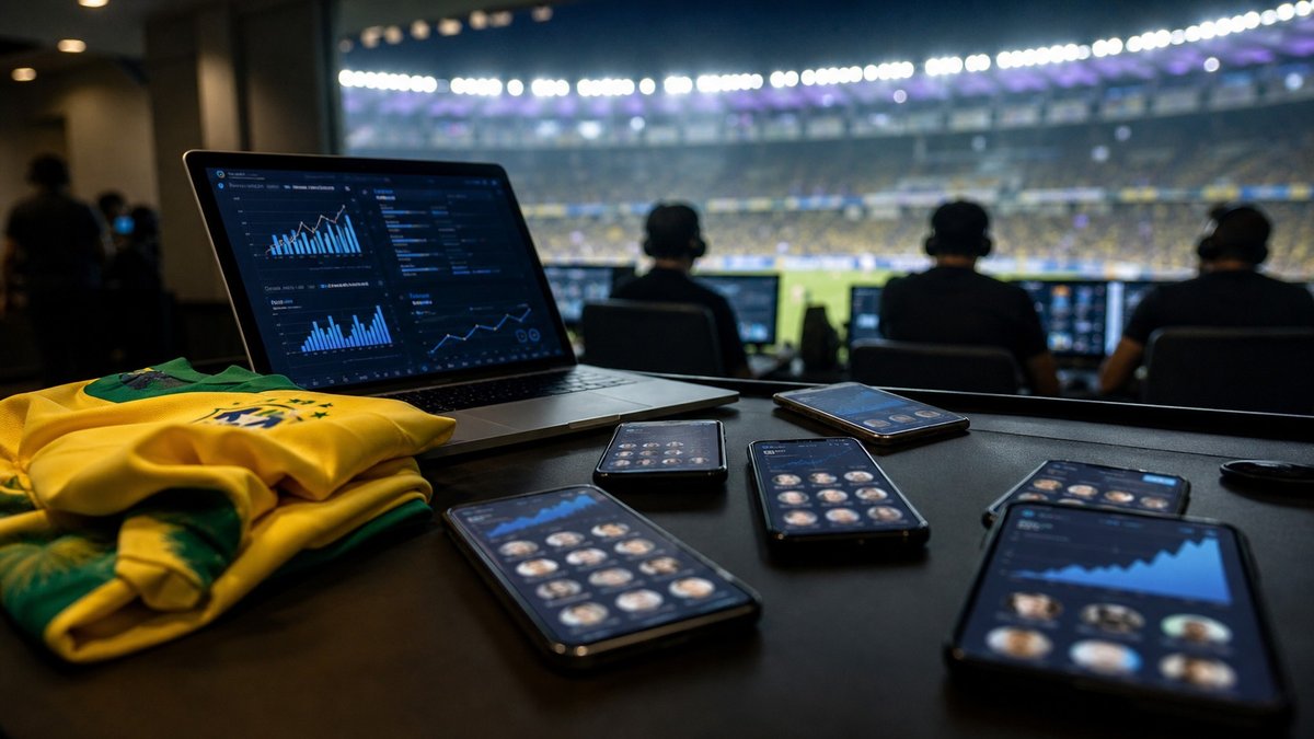 Celulares e computador exibem perfis esportivos desfocados ao lado de camisa amarela em mesa de redação