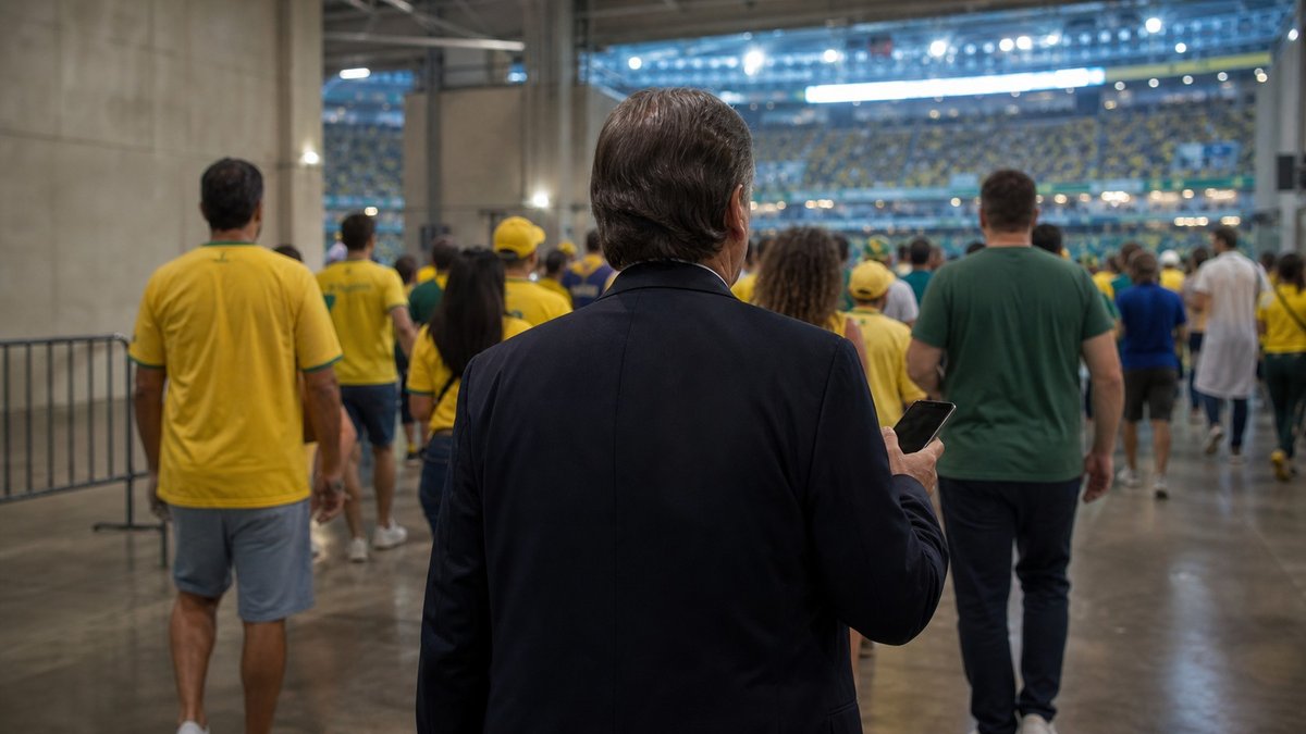 Arquibancada de estádio de futebol com torcedores em amarelo e um político em primeiro plano usando celular.