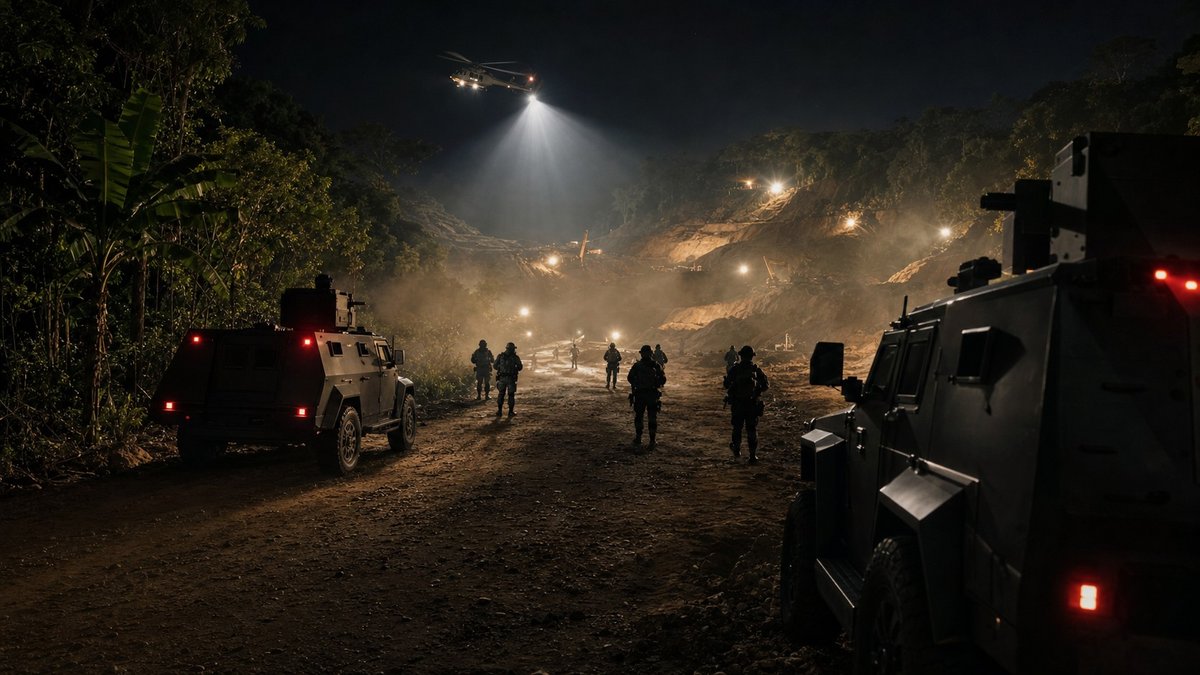 Operação de segurança noturna em estrada de região mineradora na Venezuela.