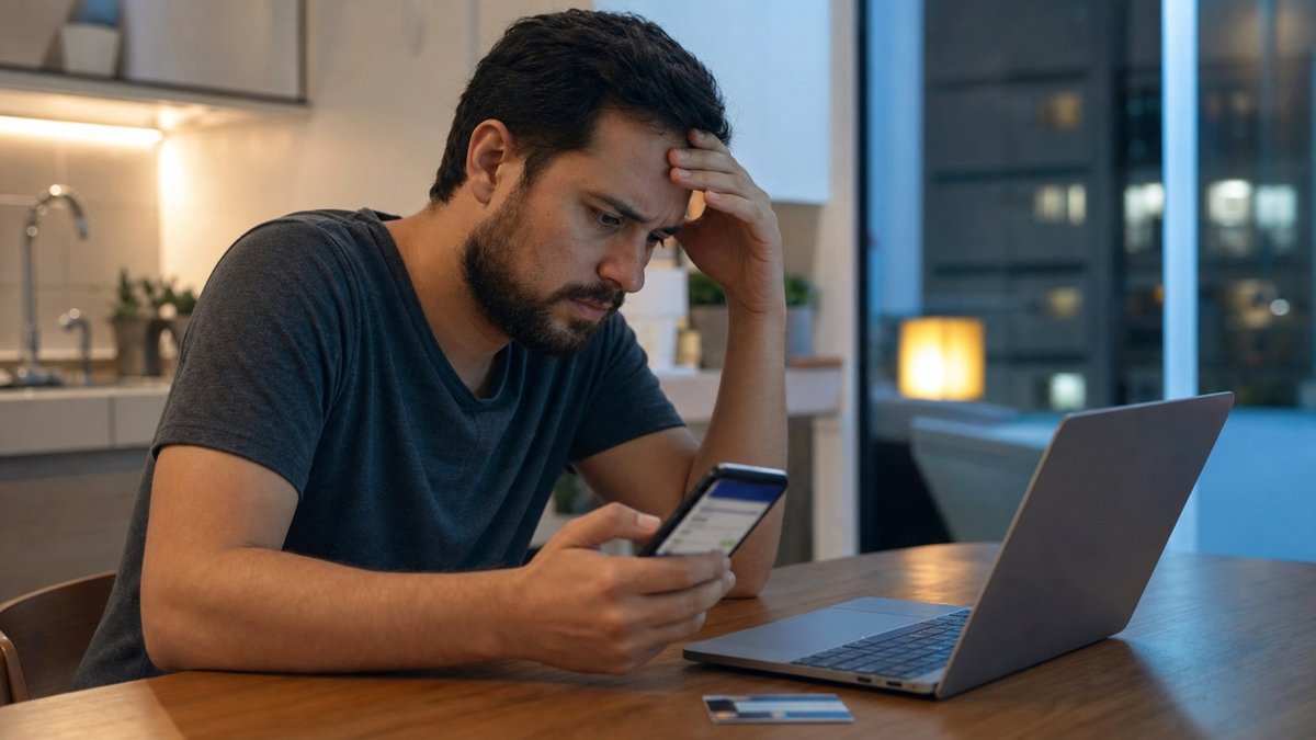 Pessoa segurando celular com aplicativo bancário aberto em ambiente de tensão financeira
