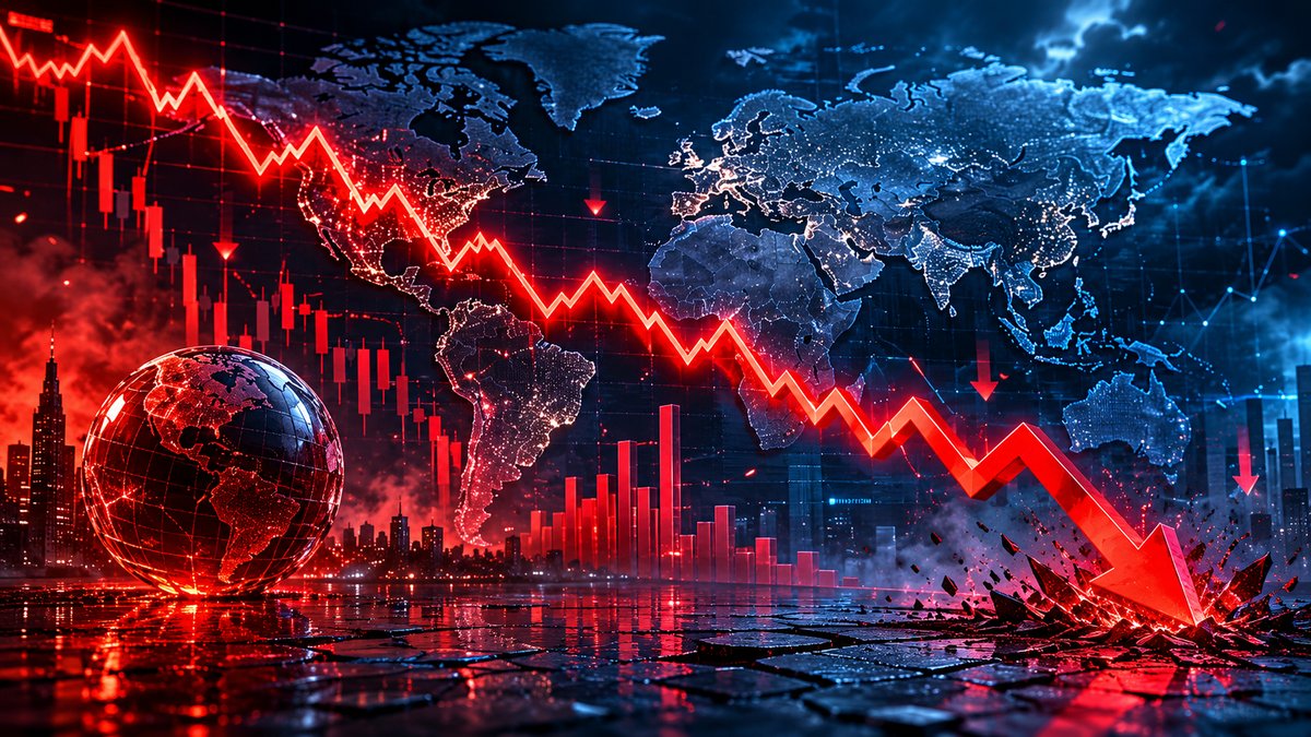 Gráfico econômico em queda sobre mapa-múndi — OCDE corta crescimento global