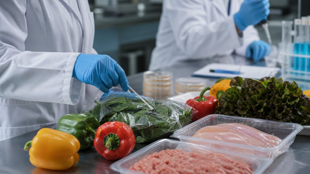 Técnicos analisam amostras de alimentos em bancada de laboratório.