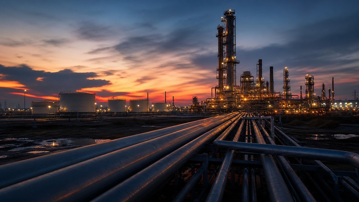 Instalação petrolífera ao entardecer com tanques industriais e tubulações, em clima editorial.