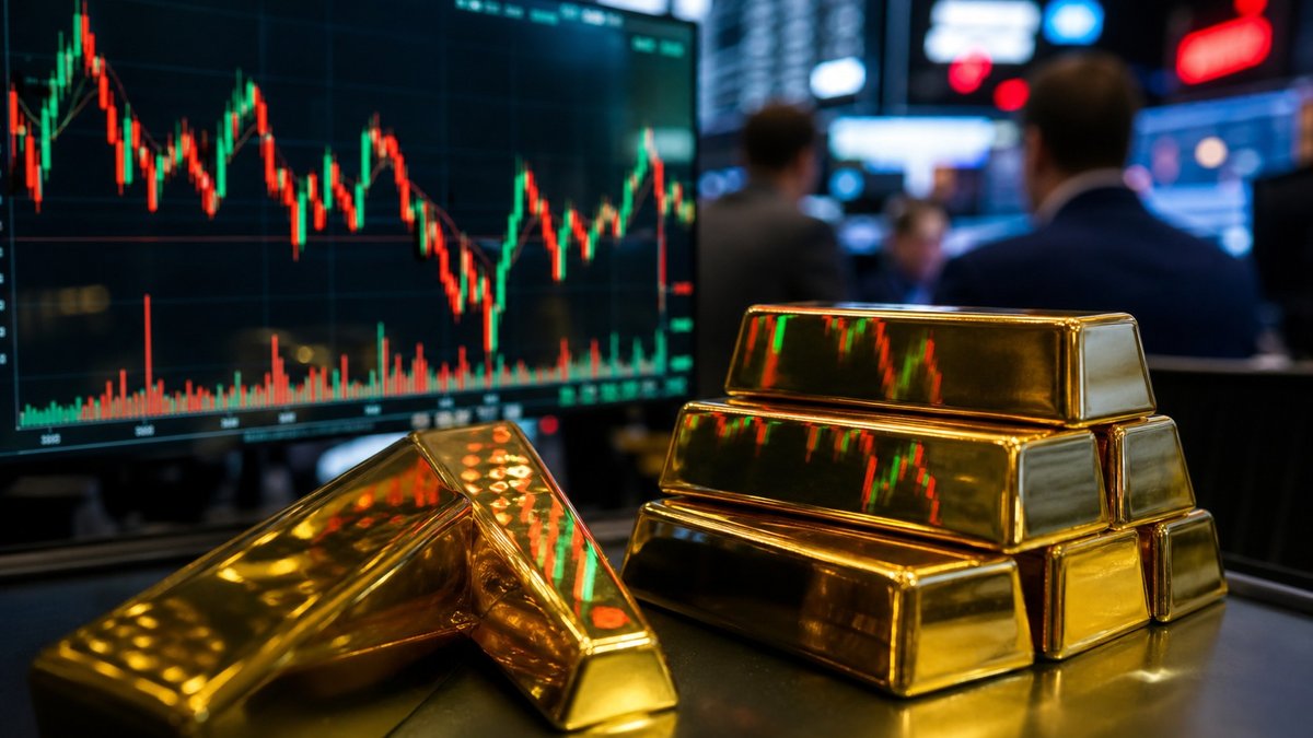 Barras de ouro diante de tela de mercado financeiro em queda