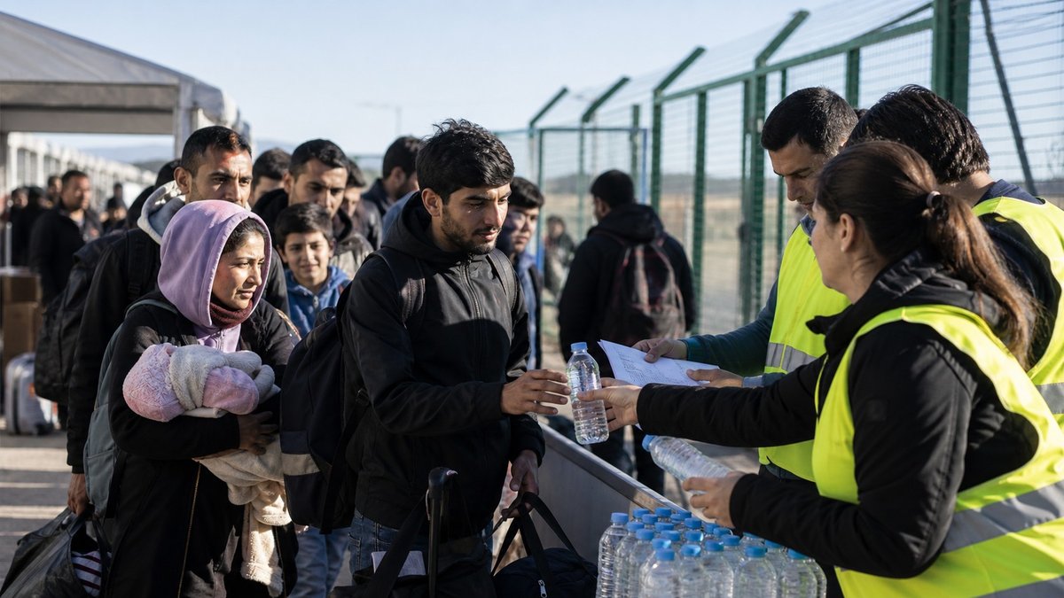 Migrantes aguardam atendimento em ponto de acolhimento humanitário perto de uma fronteira.