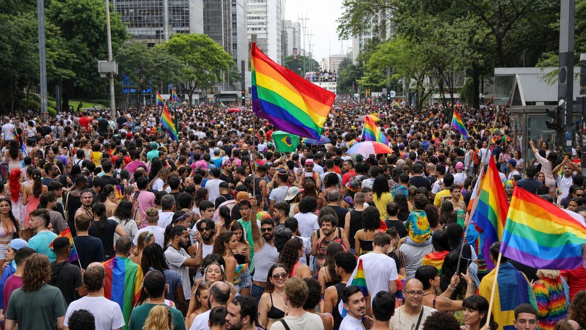 Multidão na Avenida Paulista com bandeiras de arco-íris durante a Parada LGBT+ de São Paulo