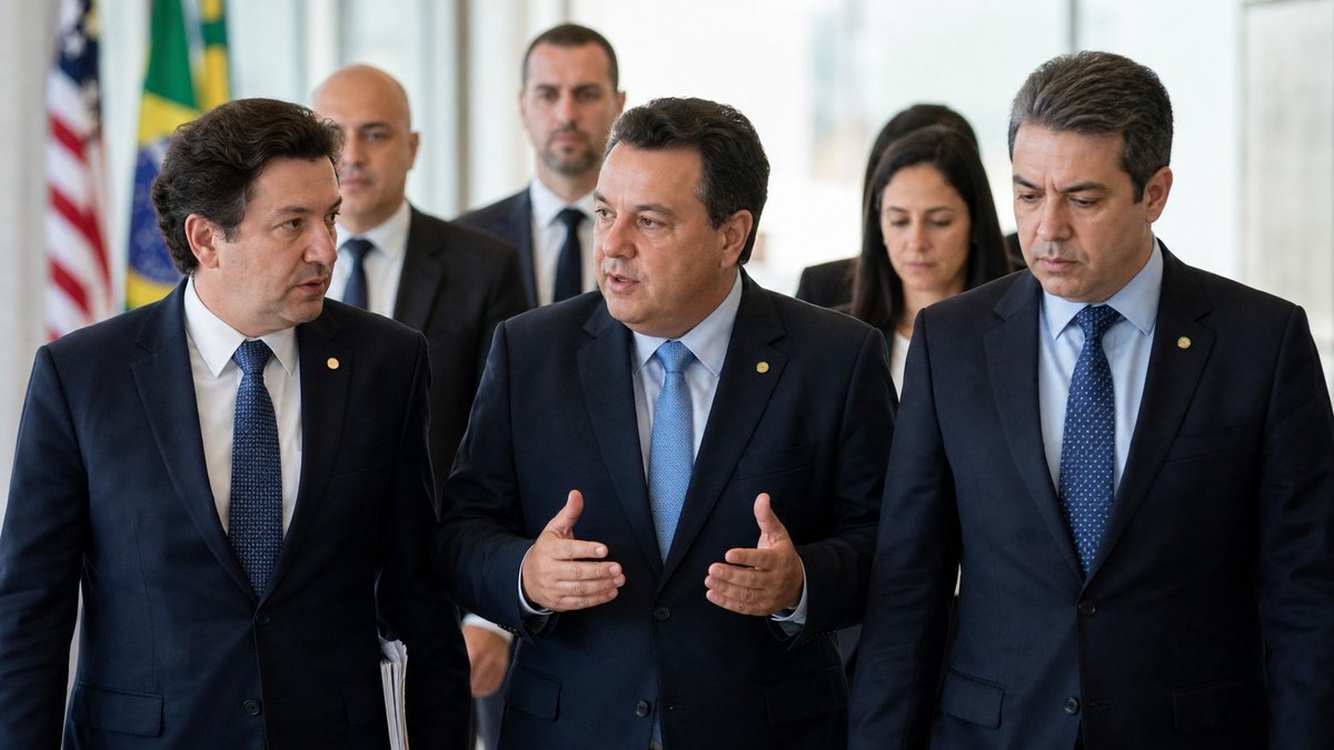 Parlamentares brasileiros em corredor diplomático em Washington durante missão política