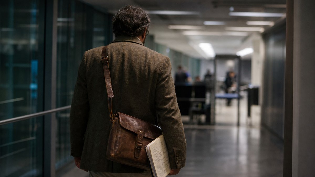 Corredor de aeroporto com pesquisador anônimo carregando pasta de notas matemáticas