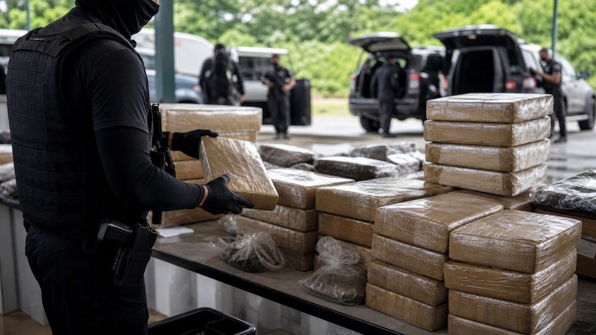 Agentes de segurança organizam pacotes apreendidos em operação contra tráfico de drogas