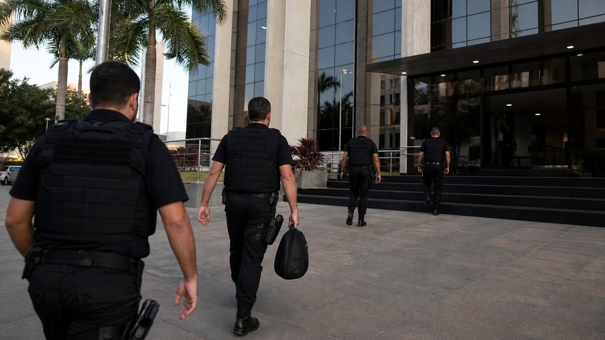 Agentes federais em operação diante de prédio público de justiça em Cuiabá.