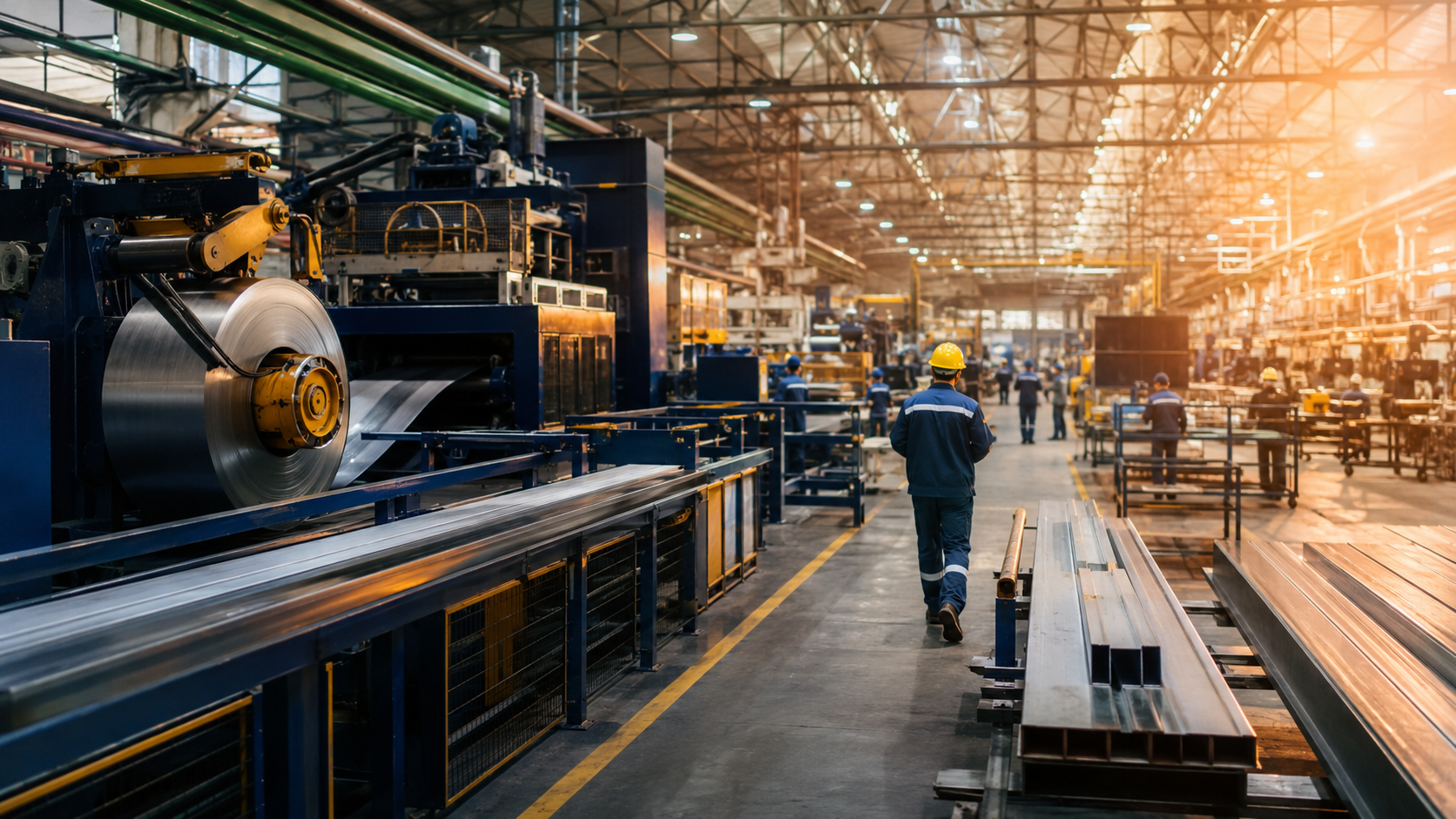 Chão de fábrica industrial com máquinas e linha de produção — indústria exportadora brasileira
