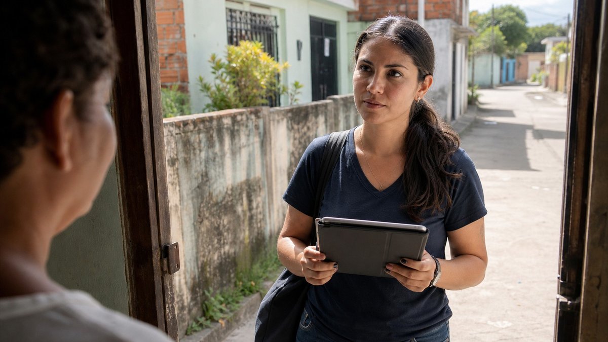 Pesquisadora de saúde pública entrevista moradora em domicílio durante levantamento nacional.