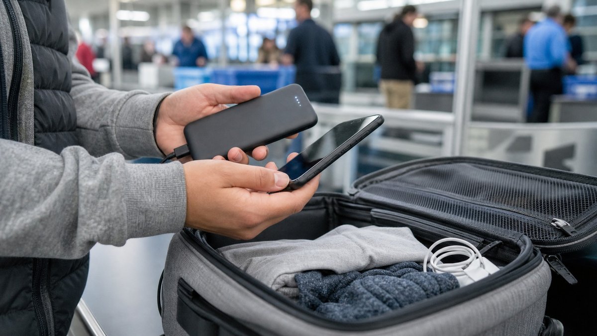 Passageiro segurando power bank e celular dentro de aeroporto, com mala de mão ao lado.