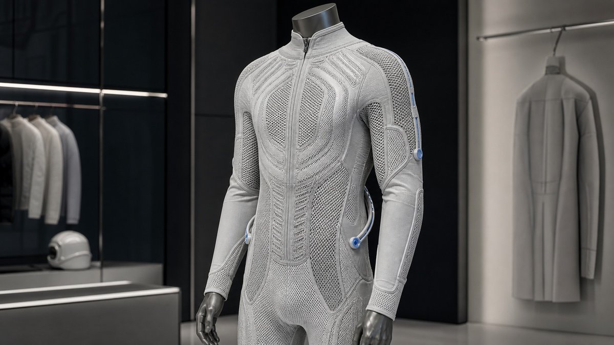 Traje espacial futurista em showroom técnico com iluminação limpa e sem marcas visíveis