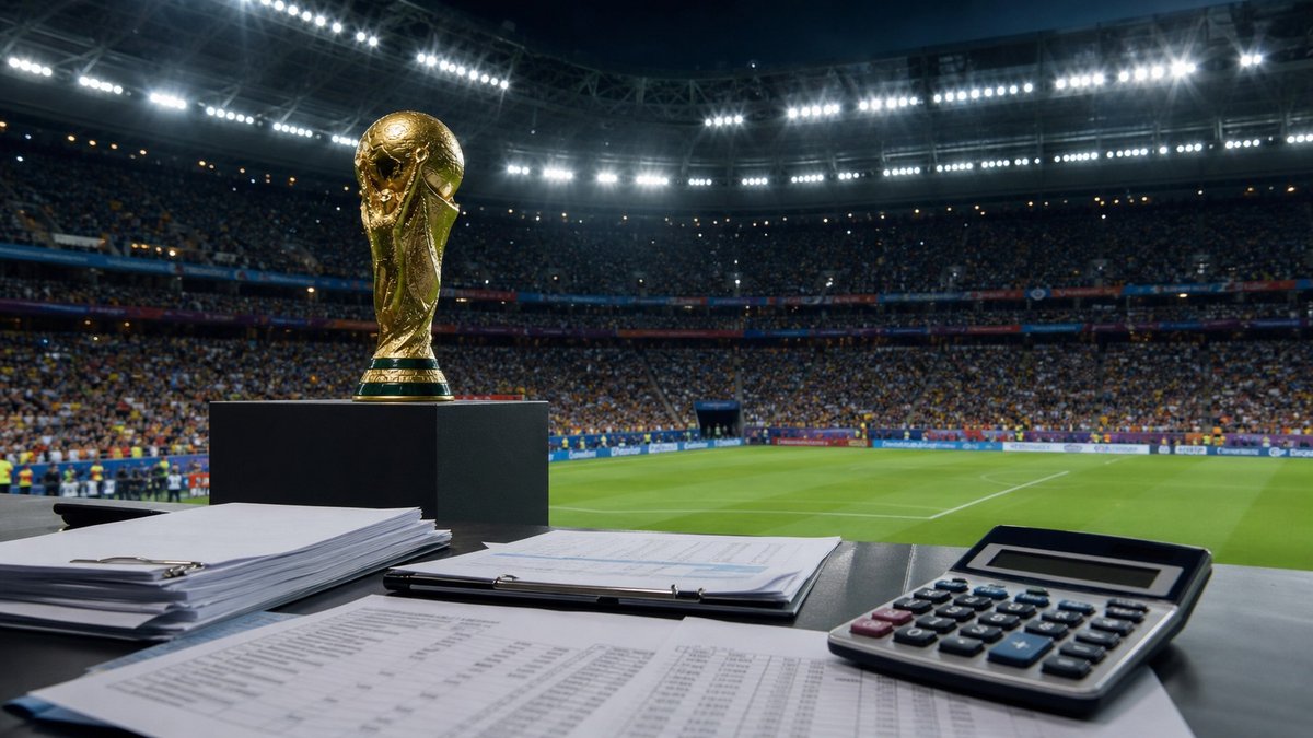 Troféu de futebol em estádio iluminado com documentos financeiros e calculadora em primeiro plano.