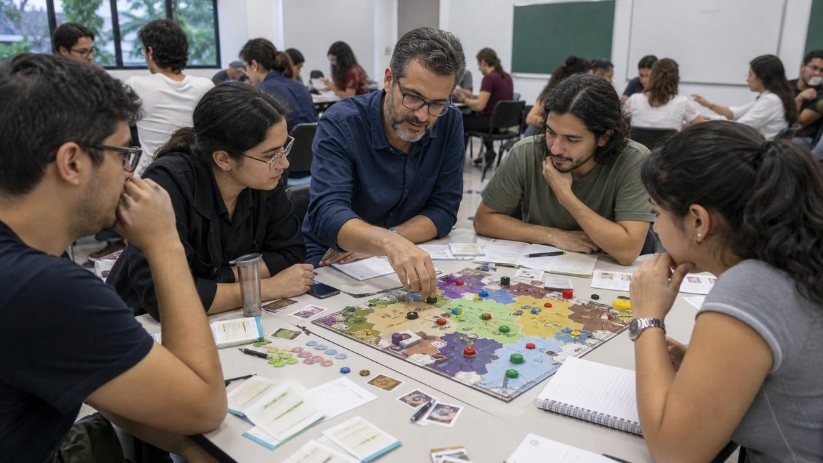Professores e estudantes em sala universitária usam jogo de tabuleiro educativo sobre políticas públicas.