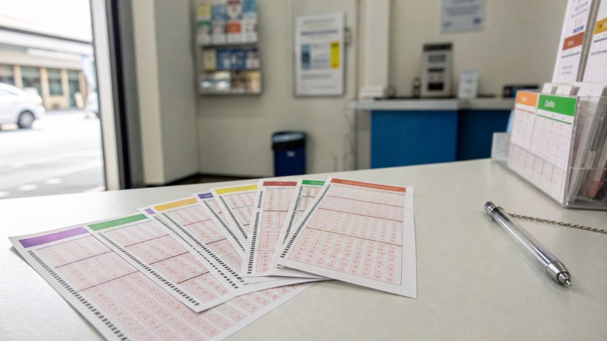 Bilhetes de loteria e caneta sobre uma mesa, em ambiente de agência lotérica