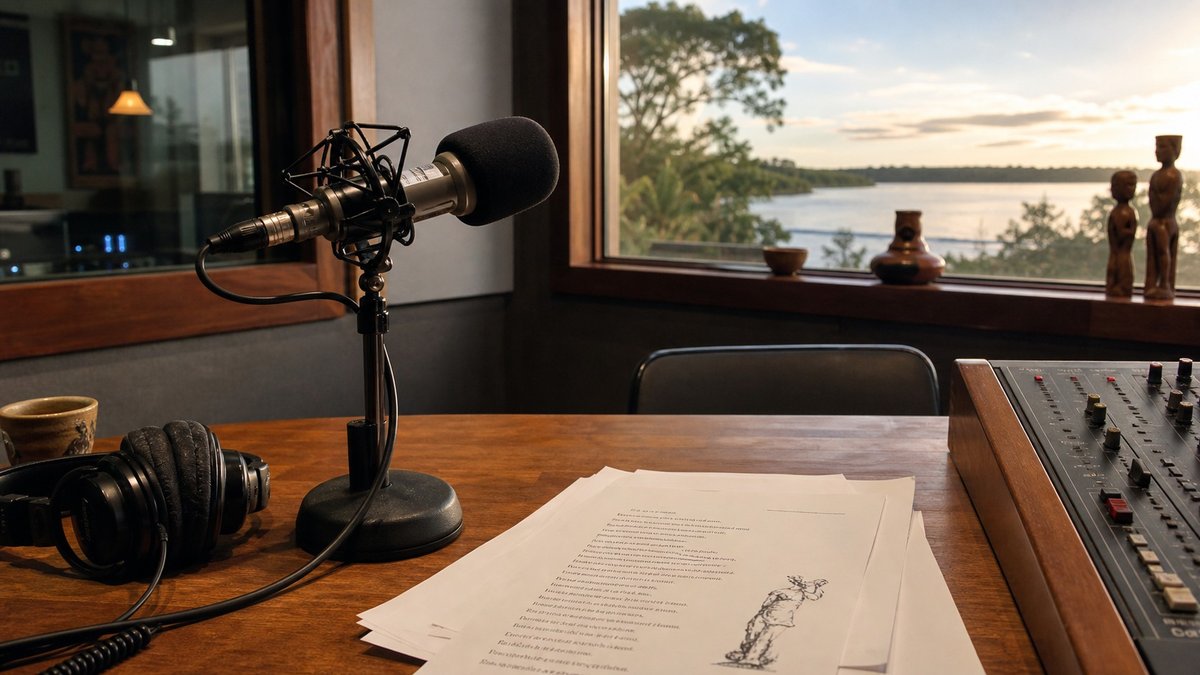 Estúdio de rádio com microfone, papéis de poesia e vista para um rio amazônico.