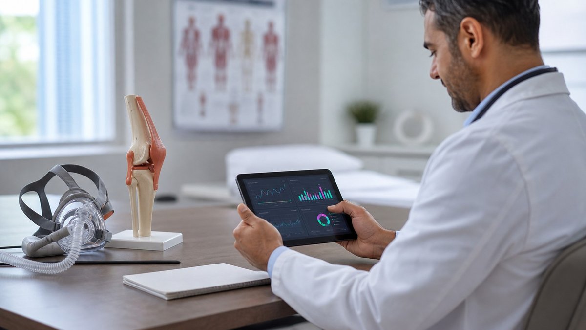 Profissional de saúde analisa dados metabólicos e respiratórios em consultório moderno.