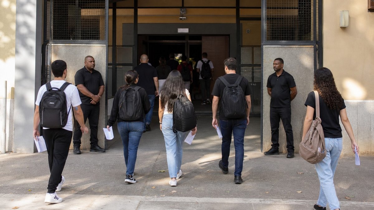 Candidatos entram em prédio de aplicação de prova com documentos nas mãos.