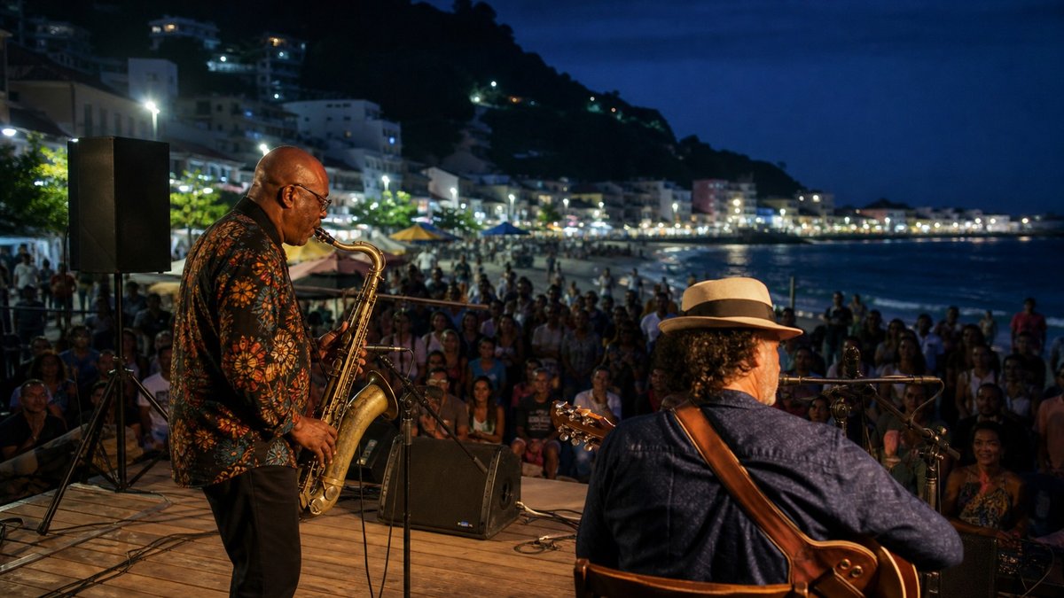 Palco de festival de jazz e blues ao ar livre com músicos tocando à noite diante do público.