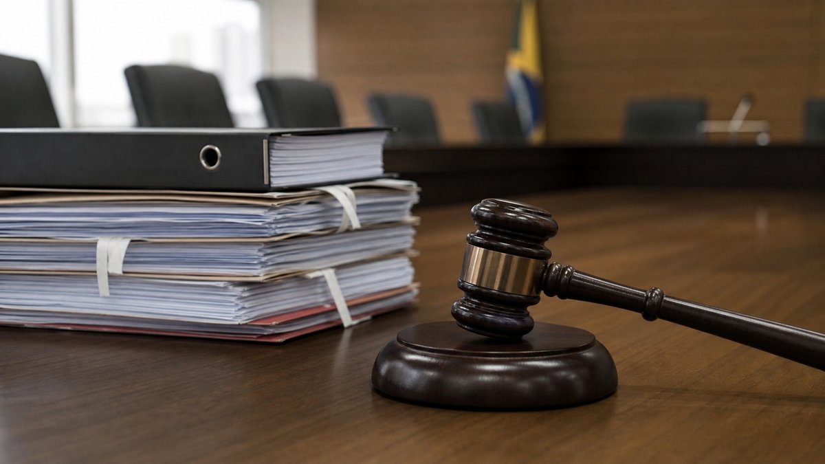 Martelo de juiz e documentos de processo penal sobre uma mesa de tribunal