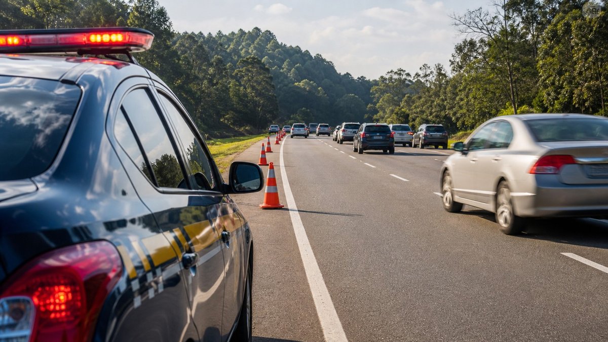 Rodovia brasileira com fiscalizacao policial durante feriado prolongado