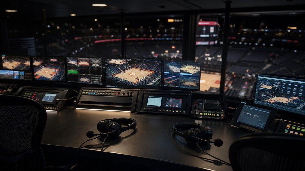 Sala de controle de transmissão de basquete com dois headsets vazios sobre a mesa.