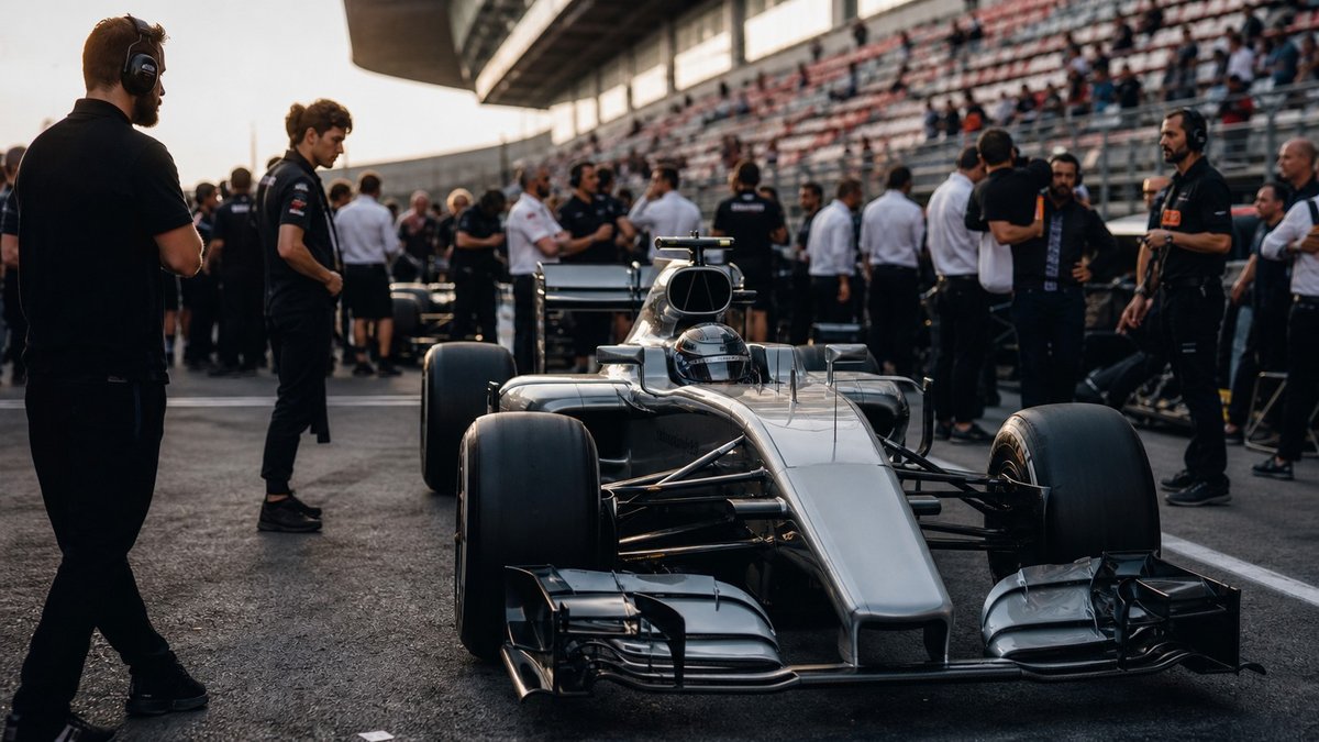 Carro de corrida prateado em área de parque fechado após classificação de Fórmula 1, com equipes ao fundo