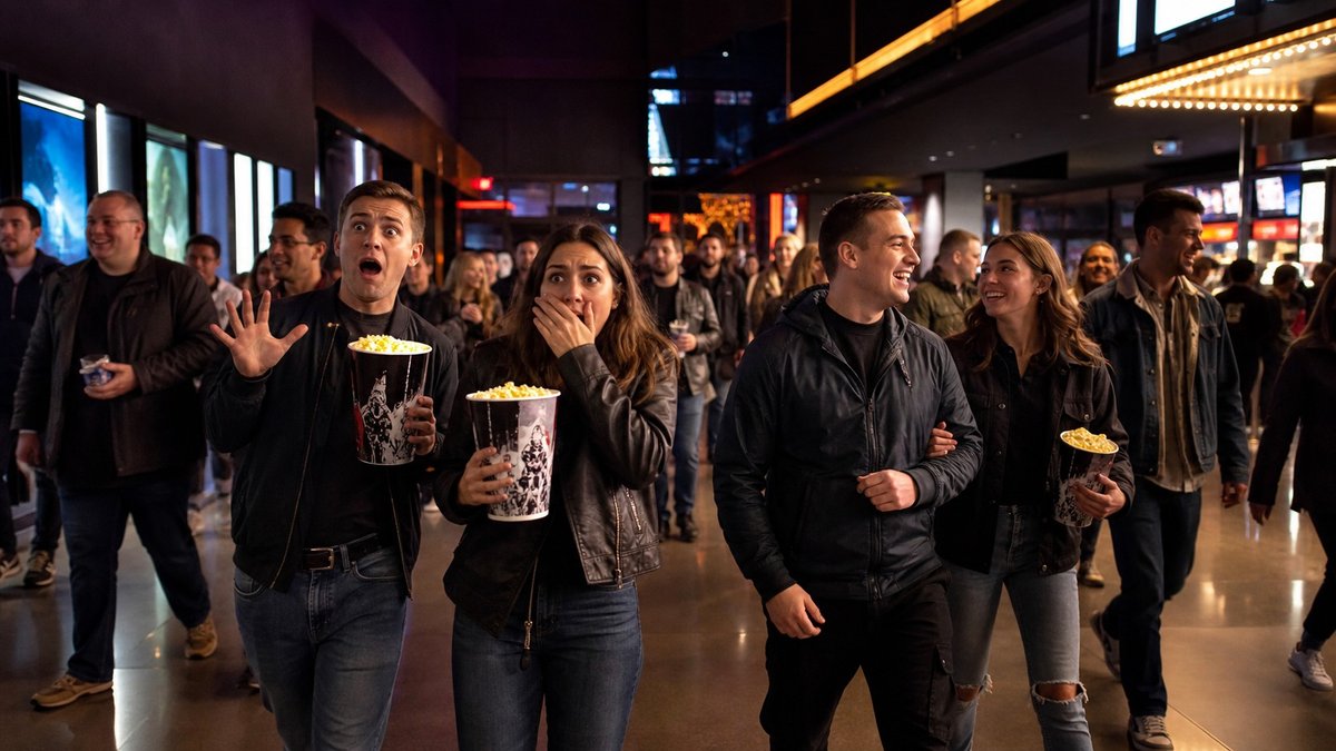 Público em lobby de cinema após sessão noturna de comédia de terror