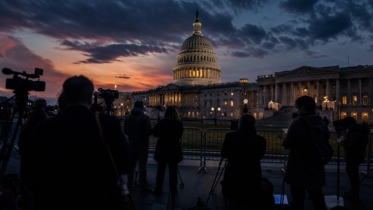 Vista editorial do Capitólio dos Estados Unidos ao anoitecer, com clima de tensão política.
