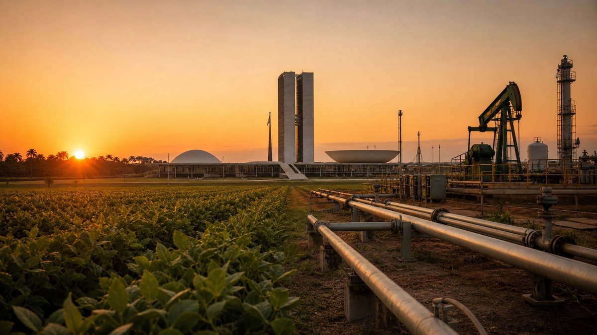 Vista editorial do Congresso Nacional com lavoura e bombas de petróleo ao fundo, simbolizando a disputa sobre dívidas do agro e pré-sal.