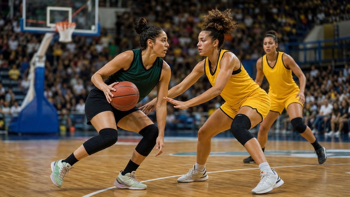 Jogadoras de basquete feminino disputando bola em uma quadra iluminada durante partida profissional.