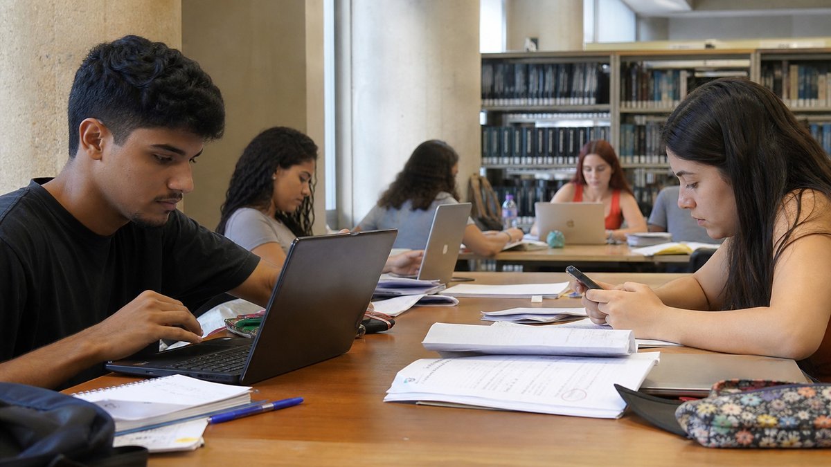 Estudantes consultam vagas do ensino superior em computadores e celulares.