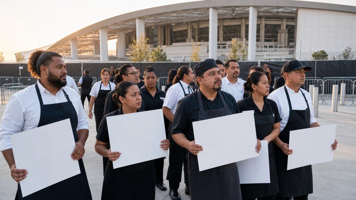 Trabalhadores de hospitalidade reunidos do lado de fora de um estádio moderno antes de evento esportivo.