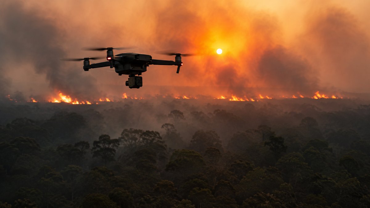 Drone com câmera térmica sobrevoando floresta com fumaça ao entardecer — combate a queimadas com tecnologia