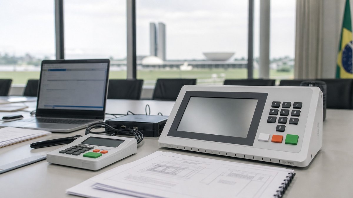 Mesa de tribunal com documentos legais e equipamentos de rede ao fundo.