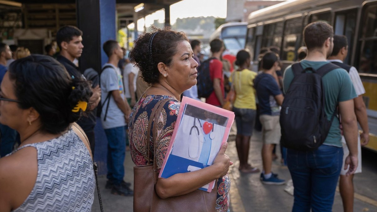 Passageiros aguardam ônibus urbano em terminal movimentado de cidade brasileira