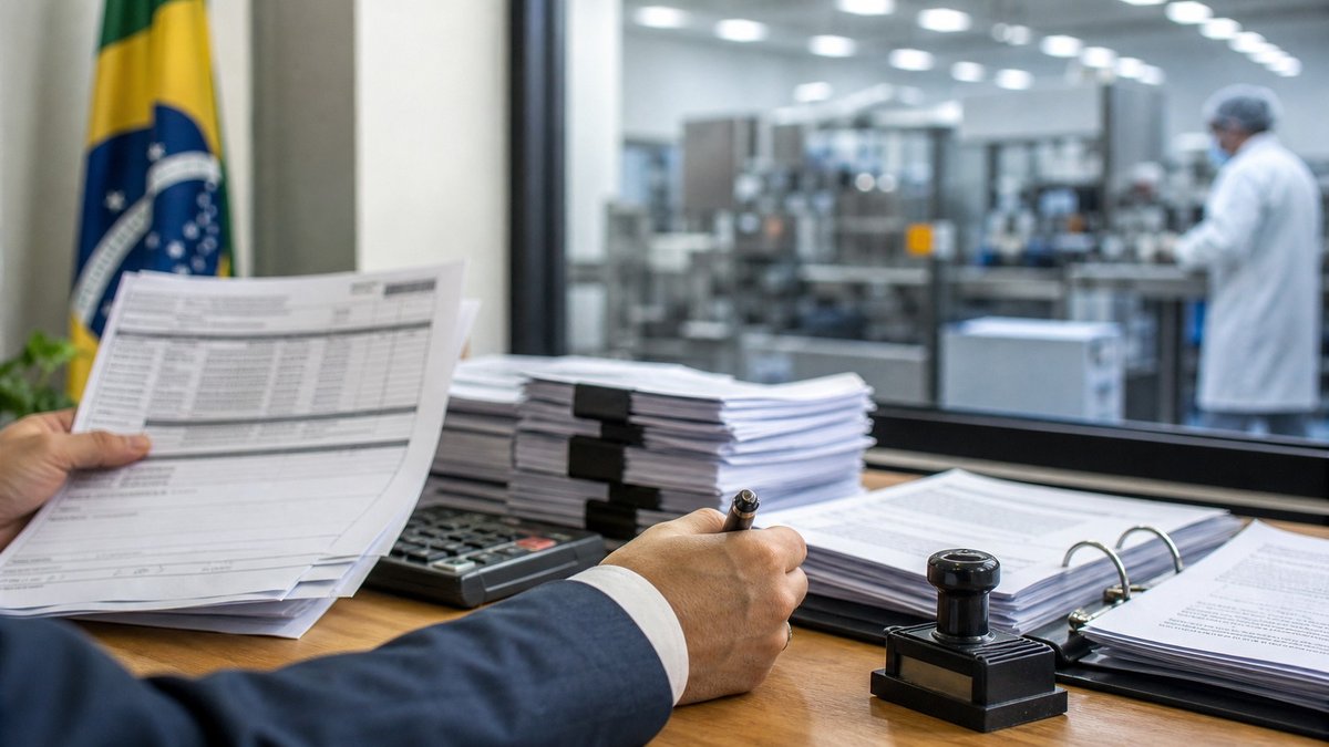 Documentos de auditoria sobre uma mesa com instalação farmacêutica ao fundo.