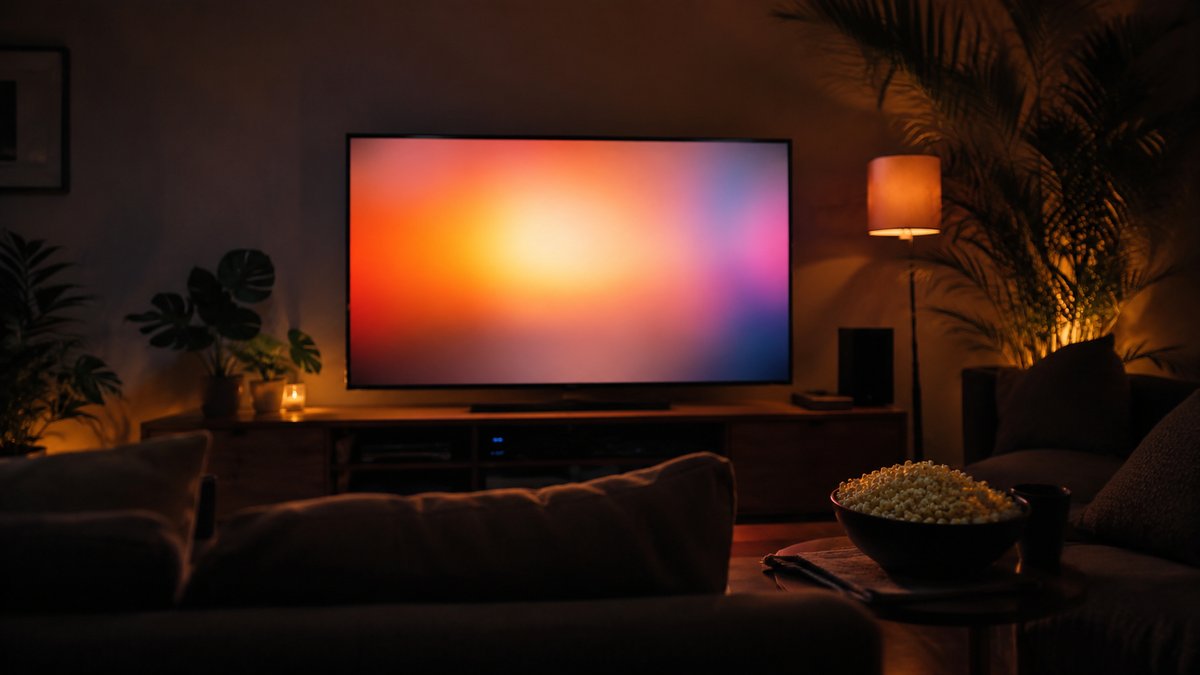 Sala de estar à noite com TV acesa exibindo cinema nacional — streaming público Tela Brasil